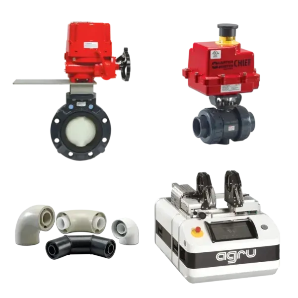 Conjunto de válvulas, tuberías y accesorios termoplásticos para control de fluidos industriales